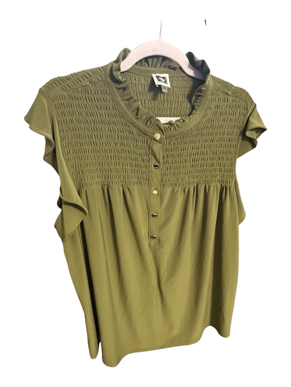 NWOT Anne Klein Olive Green Smocked Ruffle Neck Top gold buttons 2x poly spandex